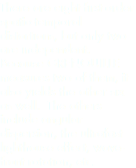 There are eight first-order spatio-temporal distortions, but only two are independent. Because GRENOUILLE measures two of them, it also yields the other six as well. The others include angular dispersion, the ultrafast lighthouse effect, wave-front rotation, etc.