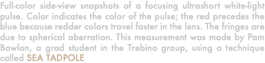 Full-color side-view snapshots of a focusing ultrashort white-light pulse. Color indicates the color of the pulse; the red precedes the blue because redder colors travel faster in the lens. The fringes are due to spherical aberration. This measurement was made by Pam Bowlan, a grad student in the Trebino group, using a technique called SEA TADPOLE.