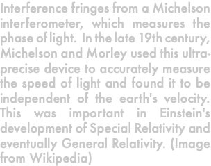 Interference fringes from a Michelson interferometer, which measures the phase of light. In the late 19th century, Michelson and Morley used this ultra-precise device to accurately measure the speed of light and found it to be independent of the earth's velocity. This was important in Einstein's development of Special Relativity and eventually General Relativity. (Image from Wikipedia)